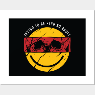 Be Kind Funny Yellow Smiley Vintage Face with Skull On Posters and Art